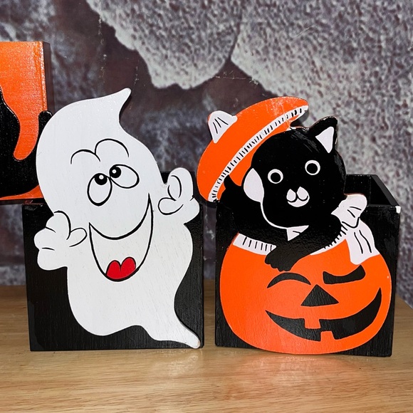 Vintage Halloween Michaels & Lucie Sable Ghost Cats Pumpkin Wood Box Decoration - Picture 4 of 15